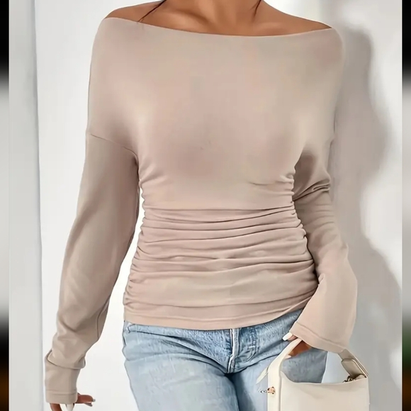 Macy's Elegant Off-Shoulder Beige Top - Picture 1 of 3